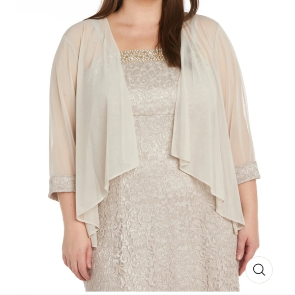 R&M Richards Champagne Lace Jacket‎ Dress with Pearl Neck Trim Plus SZ:16 - Picture 5 of 11